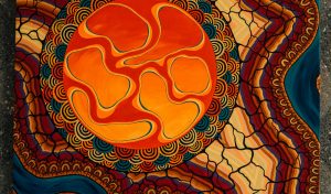 Indigenous Australian artwork, using a mixture of reds, yellows and blues.